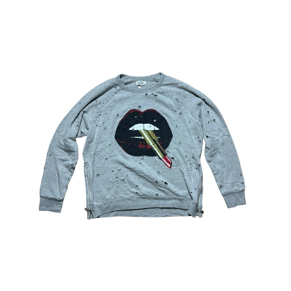 Lauren Moshi Gray Graphic Crewneck Women's L Lipstick Lips Distressed Zipper